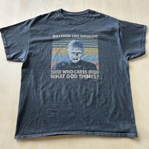 Y2K Hellraiser Pinhead Shirt Mens XL Gray Who Cares What God Thinks Tee T-Shirt